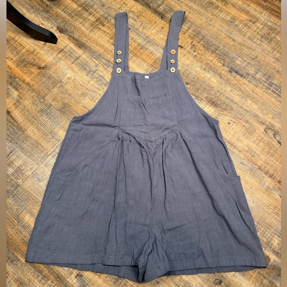 Blue Linen Blend Romper Womens Small Adjustable Strap Pocket Summer
